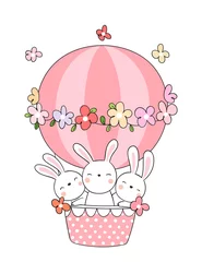 Stickers muraux Animaux en montgolfière Dessinez un lapin dans un ballon rose.