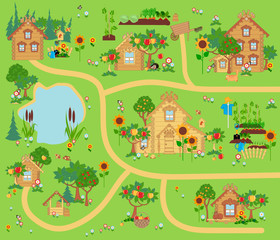 Small village with wooden houses and Apple trees, Russian village, playmat, vector illustration