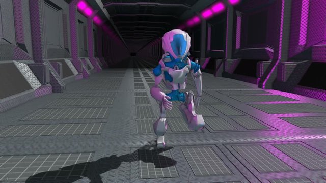 Seamless animation of a robot running in a spaceship interior. Funny futuristic sci-fi background.