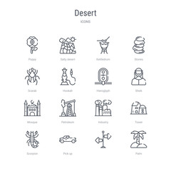 set of 16 desert concept vector line icons such as palm,  , pick up, scorpion, tower, industry, petroleum, mosque. 64x64 thin stroke icons