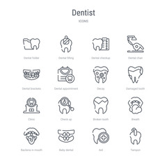 set of 16 dentist concept vector line icons such as tampon, aid, baby dental, bacteria in mouth, breath, broken tooth, check up, clinic. 64x64 thin stroke icons