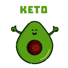 Avocado cartoon character as symbol of Keto. Ketogenic diet for weight loss and treatment. High-fat, low-carbohydrate intake concept. Medical poster for health magazines.