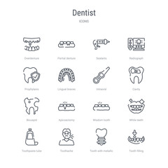 set of 16 dentist concept vector line icons such as tooth filling, tooth with metallic root, toothache, toothpaste tube, white teeth, wisdom tooth, apicoectomy, bicuspid. 64x64 thin stroke icons