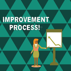 Writing note showing Improvement Process. Business concept for Ongoing effort to improve products and services Woman Holding Stick Pointing to Chart of Arrow on Whiteboard