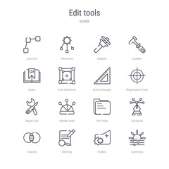 set of 16 edit tools concept vector line icons such as lightness, folders, defining, opacity, curvature, file folder, needle case, repair tool. 64x64 thin stroke icons