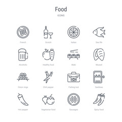 set of 16 food concept vector line icons such as spicy food, sausages, vegetarian food, hot pepper, sardines, fishing tool, chili pepper, onion rings. 64x64 thin stroke icons