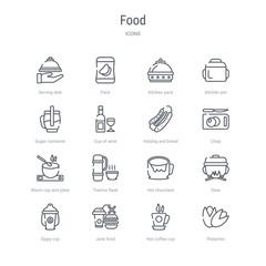 set of 16 food concept vector line icons such as pistachio, hot coffee cup, junk food, sippy cup, stew, hot chocolate, thermo flask, warm cup and plate. 64x64 thin stroke icons