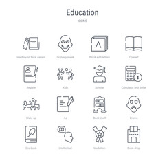 set of 16 education concept vector line icons such as book shop, medallion, intellectual, eco book, drama, book shelf, as, wake up. 64x64 thin stroke icons