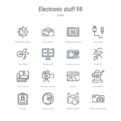 set of 16 electronic stuff fill concept vector line icons such as photo camera with flash, shake camera, camera timer, portrait, old scenic, old video video file list. 64x64 thin stroke icons