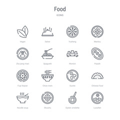 set of 16 food concept vector line icons such as luosifen, oyster omelette, shuizhu, noodle soup, chinese food, guotie, chow mein, fuqi feipian. 64x64 thin stroke icons