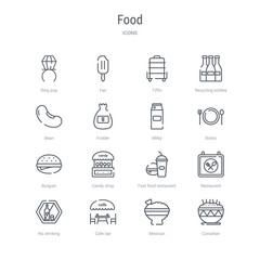 set of 16 food concept vector line icons such as canadian, mexican, cafe bar, no drinking, restaurant, fast food restaurant, candy shop, burguer. 64x64 thin stroke icons