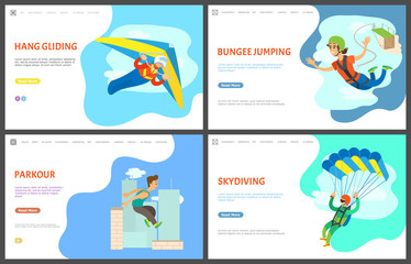 Skydiving and paragliding vector, bungee jumping woman in flight, urban lifestyle parkour, parachutist at sky, skydiver and  hang gliding. Website or webpage template, landing page flat style