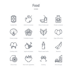 set of 16 food concept vector line icons such as drive through, drinking, bowl with vegetables, citrus fruits, bananas, plastic water bottle, apple and grapes, cooking mitts. 64x64 thin stroke icons