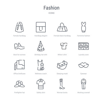 set of 16 fashion concept vector line icons such as working coverall, woman boots, safety shirt, firefighter hat, eyewear, sleeping mask, wellness coach, office briefcase. 64x64 thin stroke icons