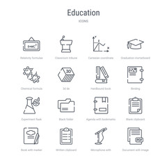 set of 16 education concept vector line icons such as document with image and content, microphone with stand, written clipboard, book with marker, blank clipboard, agenda bookmarks, black folder,