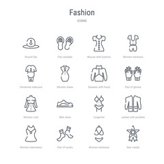set of 16 fashion concept vector line icons such as star medal, women swimsuit, pair of socks, women sleeveless shirt, jacket with pockets, lingerine, men shoe, women coat. 64x64 thin stroke icons