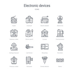 set of 16 electronic devices concept vector line icons such as stereo, smoke detector, rotisserie, pressure cooker, percolator, mousetrap, leaf blower, garbage disposal. 64x64 thin stroke icons