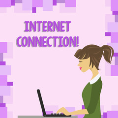 Word writing text Internet Connection. Business photo showcasing The way one gains access or connection to the Internet photo of Young Busy Woman Sitting Side View and Working on her Laptop
