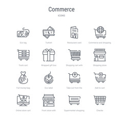 set of 16 commerce concept vector line icons such as checke, supermarket shopping cart, front store with awning, online store cart, add to cart, take out from the eco label, full money bag. 64x64