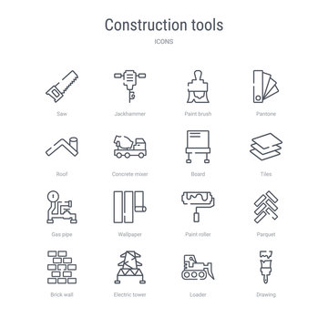 set of 16 construction tools concept vector line icons such as drawing, loader, electric tower, brick wall, parquet, paint roller, wallpaper, gas pipe. 64x64 thin stroke icons