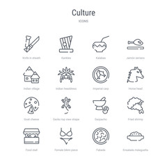 set of 16 culture concept vector line icons such as ensalada malagueña, fabada, female bikini piece, food stall, fried shrimp, gazpacho, gecko top view shape, goat cheese. 64x64 thin stroke icons