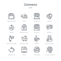set of 16 commerce concept vector line icons such as e commerce shopping cart tool, house badge, grocery, piggy bank with coin, bag of money with dollar, shopper, solidarity purchase, woman with