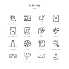 set of 16 gaming concept vector line icons such as potions, trunk open, balloon hearts, scores, role playing game, pool table, trivial, money award. 64x64 thin stroke icons