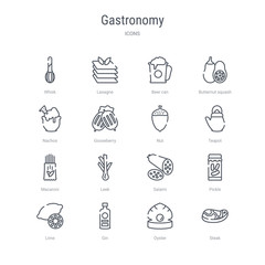 set of 16 gastronomy concept vector line icons such as steak, oyster, gin, lime, pickle, salami, leek, macaroni. 64x64 thin stroke icons