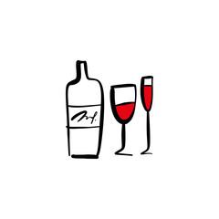 One line modern icon glass and bottle of wine set, hand drawn sketch vector