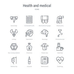 set of 16 health and medical concept vector line icons such as cardiology, medical book, ampoule, medical drip, veterinary, patient robe, poisonous, non ionizing radiation. 64x64 thin stroke icons