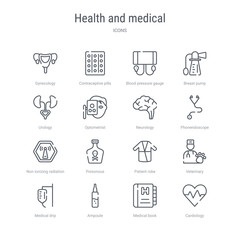 Fototapeta premium set of 16 health and medical concept vector line icons such as cardiology, medical book, ampoule, medical drip, veterinary, patient robe, poisonous, non ionizing radiation. 64x64 thin stroke icons