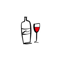 One line modern icon glass and bottle of wine set, hand drawn sketch vector