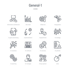 set of 16 general-1 concept vector line icons such as gmo, group opinion, hr manager, hr planning, hr policies, services, software, solutions. 64x64 thin stroke icons