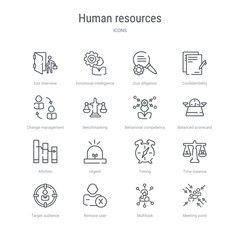 set of 16 human resources concept vector line icons such as meeting point, multitask, remove user, target audience, time balance, timing, urgent, attrition. 64x64 thin stroke icons