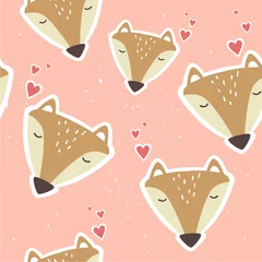 Fototapeten Muzzle of foxes, hand drawn backdrop. Colorful seamless pattern with muzzles of animals, hearts. Cute wallpaper, good for printing. Overlapping background vector. Design illustration © Talirina