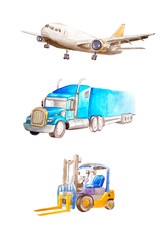 Fototapeta na wymiar Watercolor cargo plane, classic American lorry truck trailer and forklift. On a white background isolated for business cards.For illustration of cargo transport, traffic or day of transport workers