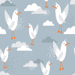 Seamless pattern, birds and clouds, hand drawn overlapping backdrop. Colorful background vector. Cute illustration, seagulls. Decorative wallpaper, good for printing