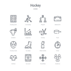 set of 16 hockey concept vector line icons such as audience, snowflake, ice court, clothes, timer, water bottle, ice skate, hockey mask. 64x64 thin stroke icons
