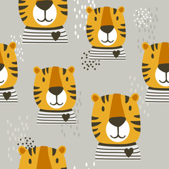 Muzzle of tigers, hand drawn backdrop. Colorful seamless pattern with muzzles of animals. Decorative cute wallpaper, good for printing. Overlapping background vector. Design illustration, roar