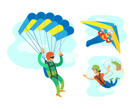 Men in suit and helmet making jumps in the sky with parachute, extreme sport. Set of parachutists involved in dangerous activity, freedom flying vector