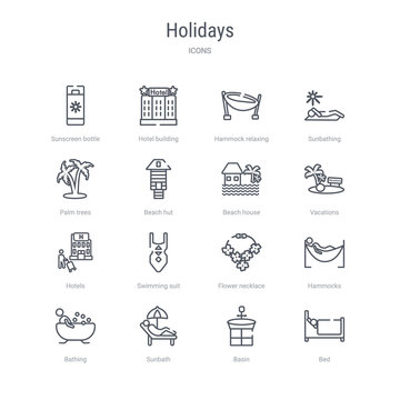 set of 16 holidays concept vector line icons such as bed, basin, sunbath, bathing, hammocks, flower necklace, swimming suit, hotels. 64x64 thin stroke icons