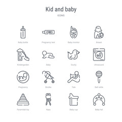 set of 16 kid and baby concept vector line icons such as baby hat, baby cup, keys, pyramidal toy, bell rattle, tale, stroller, pregnancy. 64x64 thin stroke icons