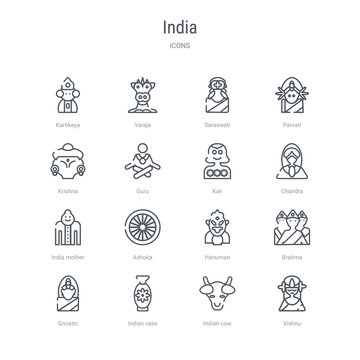 set of 16 india concept vector line icons such as vishnu, indian cow, indian vase, gnostic, brahma, hanuman, ashoka, india mother. 64x64 thin stroke icons