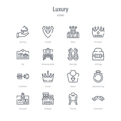 set of 16 luxury concept vector line icons such as limousine, throne, cottage, vip pass, diamond ring, gems, crown, cufflinks. 64x64 thin stroke icons