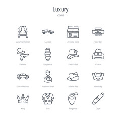 set of 16 luxury concept vector line icons such as cigar, fragance, suit, king, handbag, bowler hat, business man, car collection. 64x64 thin stroke icons