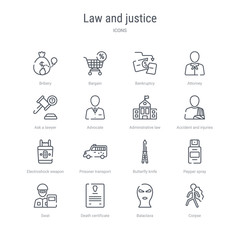 set of 16 law and justice concept vector line icons such as corpse, balaclava, death certificate, swat, pepper spray, butterfly knife, prisoner transport vehicle, electroshock weapon. 64x64 thin