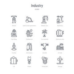 Fototapeta premium set of 16 industry concept vector line icons such as sewage, timing belt, piston, lift, oil tank, uncoiler, electrolysis, crusher. 64x64 thin stroke icons