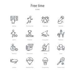Naklejka premium set of 16 free time concept vector line icons such as tennis racket, parachuting, baseball field, airship, quad, climb, badminton, workout. 64x64 thin stroke icons
