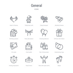 set of 16 general concept vector line icons such as steps, man with open arms, head mirror, analog stopwatch, interlocking rings, pair of binoculars, card wallet, cit cards. 64x64 thin stroke icons