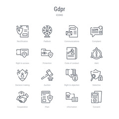 set of 16 gdpr concept vector line icons such as consent, information, plain, cooperation, detective, right to objection, auction, decision making. 64x64 thin stroke icons